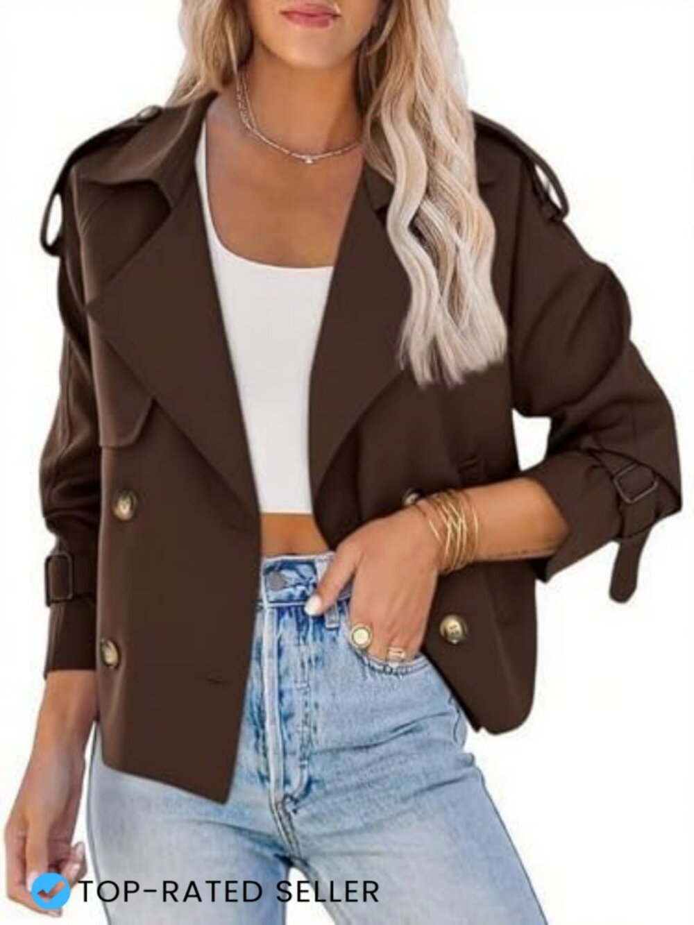 Women's Cropped Trench Coat Double-Breasted Belted Cuffs Lightweight
